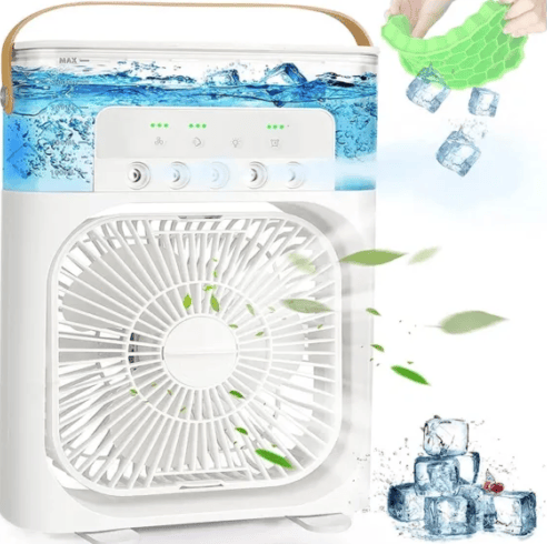Mini ventilator portabil 600 ml Incarcare USB Lumina LED 26 cm cu umidificator ALB